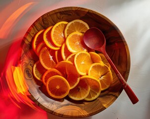 Wall Mural - Fresh oranges sliced and ready to serve on a wooden tray