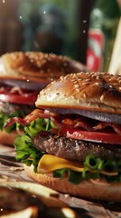 Wall Mural - Juicy cheeseburger with bacon, lettuce, and tomato, close-up view. Gourmet fast food concept