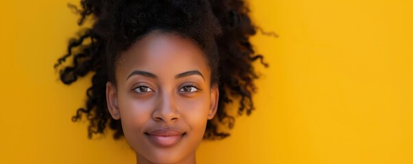 Wall Mural - A woman with curly hair is looking at the camera. The background is yellow. The woman's hair is styled in a way that it looks like it has been sprinkled with glitter. Free copy space for text.