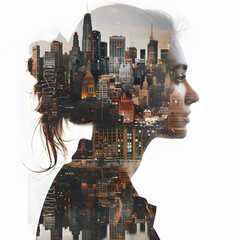 a profile image of a woman with a cityscape superimposed, illust realistic isolated on white backgro