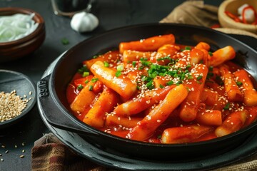 Delicious Korean spicy tteokbokki. The image of spicy tteokbokki on a luxurious background.