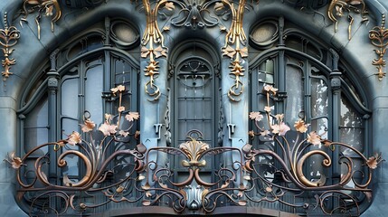 Wall Mural - detail of an art nouveau building facade with flowing organic forms and floral motifs, crafted in iron and glass, reflecting the artistic style of the early 20th century