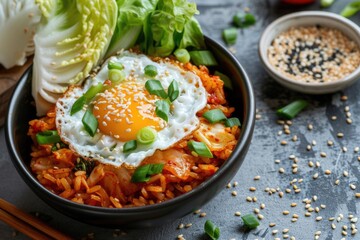 Wall Mural - Top view of Korean kimchi fried rice with egg.