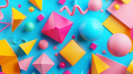 Wall Mural - 3D rendering of colorful geometric shapes on a blue background. The image has a Memphis-Milano style, with bright colors and simple shapes.