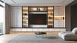 © Aeman - high-end media center with built-in cabinets and floating shelves, showcasing a sleek design and housing state-of-the-art entertainment systems in a minimalist living room