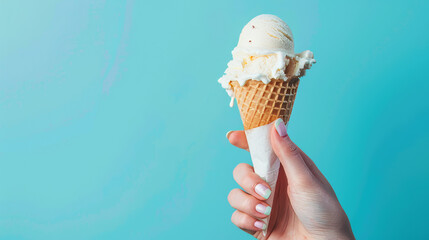 Canvas Print - A woman's hand holds an ice cream cone with a blue background.