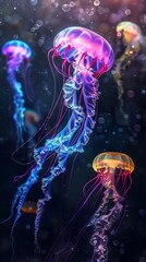 Wall Mural - Colorful jellyfish swimming underwater in the ocean, bioluminescent creatures, marine life concept.