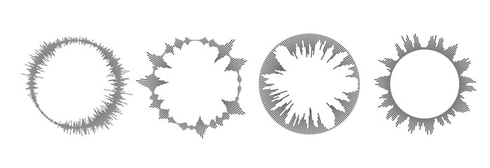 Poster - Radial sound wave pattern set. Circular audio, music or voice icon collection. Round equalizer spectrum symbol pack. Circle sun burst bundle. Vector black wavy soundwave center elements