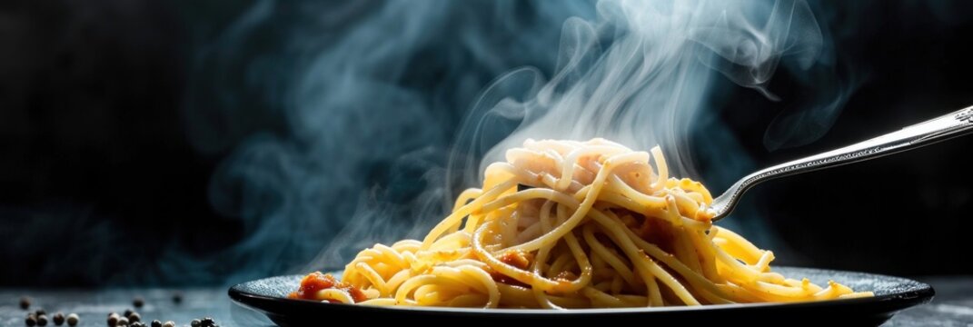 The steam from spaghetti isolated on a black background with copy space. Spaghetti. The steam from spaghetti Carbonara pasta. Bowl of noodles with steam rising from the hot dish.