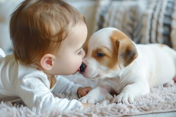 Poster - Baby kid kiss puppy dog in nose in living room at home. Friendship with domestic pet