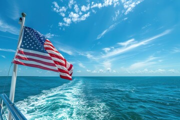 Wall Mural - Close up of an American flag waving in the wind with ocean and blue sky background sunny day, blue sea horizon Generative AI