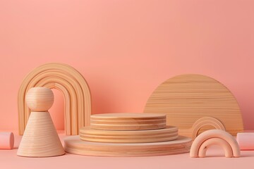 Baby kid toy background. Composition of wooden educational toys and round geometric shapes podium platform stand on peach pink background. Front view