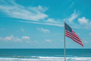 Close up of an American flag waving in the wind with ocean and blue sky background United States national symbol for republic day and 4th of July Generative AI