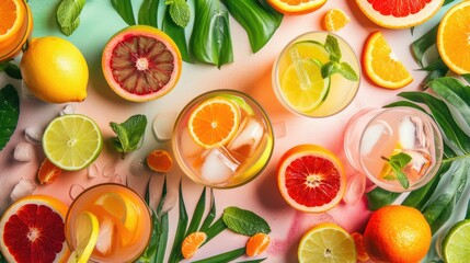 Wall Mural - The table is adorned with a variety of fruits and leaves, including Rangpur, Hardy kiwi, and oranges. These natural foods can be used as ingredients in recipes AIG50