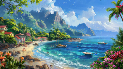 Beautiful beach with colorful flowers, small houses and boats on the shore of an exotic island surrounded by mountains