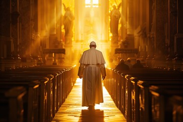 Poster - Back view of The Pope walking gracefully through the Church. Symbol of faith, reverence and hope. Blessing light shines