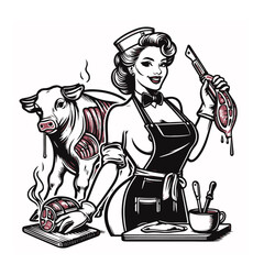 Wall Mural - retro pin-up girl as a butcher black and white vector