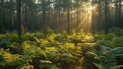 Wall Mural - Sunlight Filtering Through a Forest of Pines