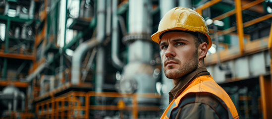 Canvas Print - a man in a work helmet stands against the background of a factory