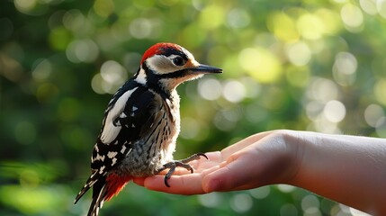 Poster - Woodpecker on a Hand Against a Green Bokeh Background