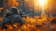 © svastix - A hunter aiming his rifle at sunrise in an autumn forest. This image captures the intensity and focus of hunting amidst the vibrant fall foliage and the serene morning light.