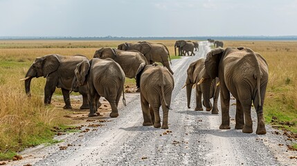 Canvas Print - Herd of Elephants Walking on a Dirt Road in the African Savanna