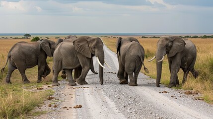 Canvas Print - African Elephants Walking on a Dirt Road