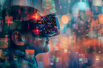 Child wearing VR glasses fragmented by pixels isolated on digital background, advanced technology concept