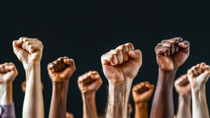 Raised fists in protest against a black background. Equality and empowerment concept