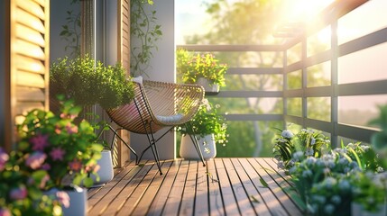 Sticker - Beautiful balcony or terrace with wooden floor, chair and green potted flowers plants. Cozy relaxing area at home. Sunny stylish balcony terrace in the city