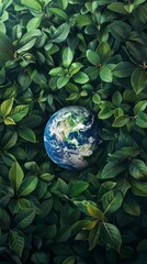 Wall Mural - Earth encircled by lush green leaves, nature conservation concept
