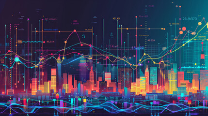 A colorful chart shows big financial data and a city in the background. The chart is about trading, technology, investments, and how to understand big data.