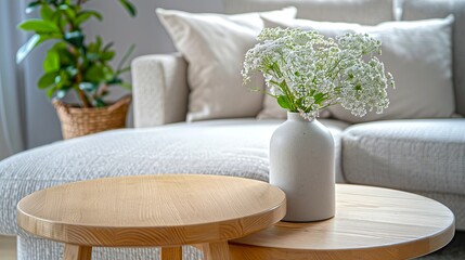 Poster - Minimalist living room with wooden coffee tables and flowers in a simple vase. Light and airy decor with comfortable sofa. Perfect for modern home design and interior inspiration. AI