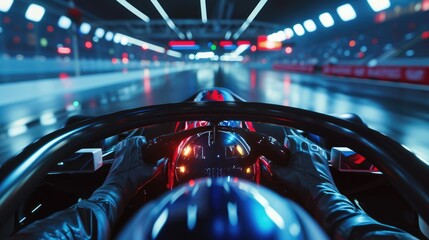 Professional racing car driver driving surrounded with panel while holding car steering wheel with blurring background. Hand on the wheel and driving high speed. First person point of view. AIG42.