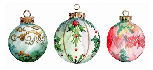 Wall Mural - Watercolor Christmas Ornaments with Festive Designs. Concept of holiday decorations, new year celebration, festive art. Isolated on white background. Set