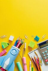 Wall Mural - Back to school concept. Frame of colorful school supplies, rocket-shaped pencil case, calculator, notepad, scissors, pens, clips, sharpeners on yellow background. Flat lay, top view, copy space.