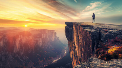 A man stands on the edge of a cliff, looking out over a vast mountain range at sunset. The sky is a vibrant orange and pink, and the sun is setting behind the distant peaks