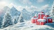 © studio clever - Beautiful Winter Scene with Snow-Covered Mountains and Gift Boxes, Generative AI