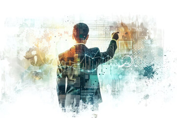 Wall Mural - A businessman stands in front of a digital screen, his hand extended as if interacting with data and charts displayed. He is focused and engaged in analyzing the information