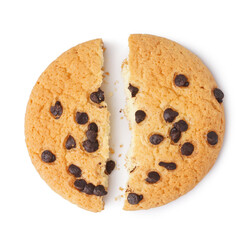Wall Mural - Tasty broken cookie with chocolate chips on white background