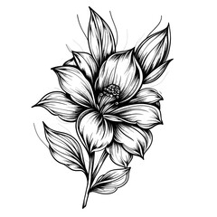 black and white vector illustration in tattoo style - beautiful lily flower on a white background