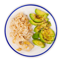 Wall Mural - Healthy satisfying dinner option featuring boiled creamy basmati rice with chicken breast and sliced soft avocado sprinkled with sesame seeds served on white plate. Isolated over white background