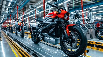 Wall Mural - Rear view of a motorcycle on a conveyor belt in a workshop