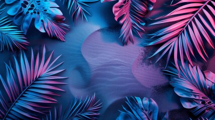 A background image of neon illuminating palm leaves with sand behind