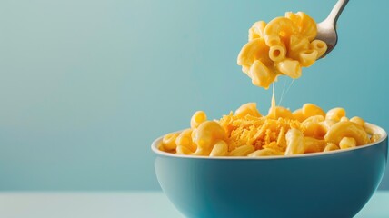 Wall Mural - Creamy macaroni and cheese in blue bowl with fork