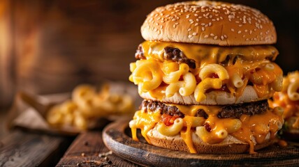 Canvas Print - Double cheeseburger with mac and cheese on wooden board