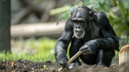 Wall Mural - Chimpanzee using stick to dig in dirt natural environment