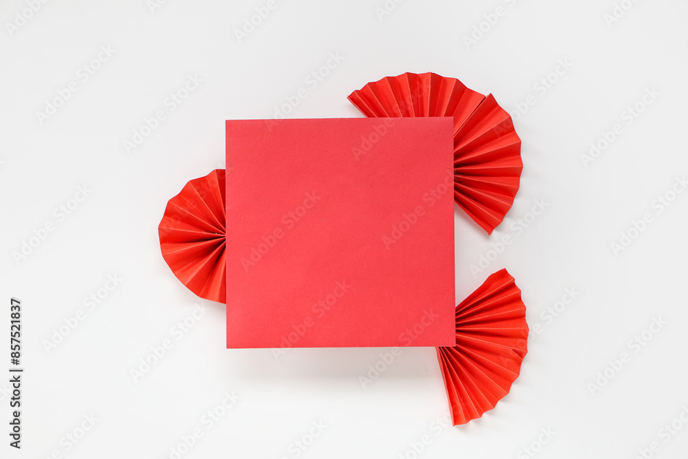 Blank card with fans on white background. Chinese New Year celebration