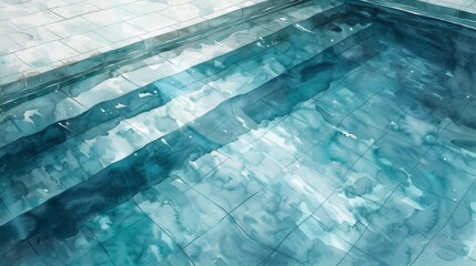 Wall Mural - A blue pool with steps and tiles. The water is calm and clear. The pool is surrounded by a white tile floor