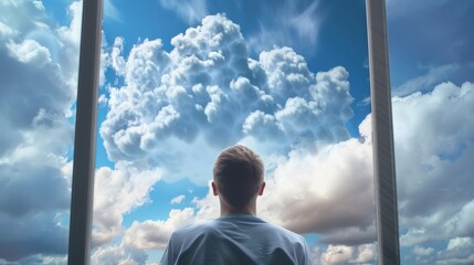 Wall Mural - A man is looking out a window at a cloudy sky. The clouds are large and dark, and the sky is blue. The man is lost in thought, possibly contemplating the weather or his own thoughts